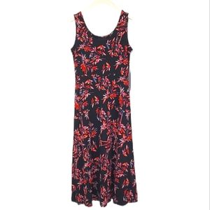 Nicole Miller Black Tropical Stretch Knit Sleeveless A-Line Midi Dress Small 4 6